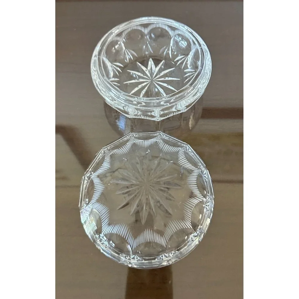Vintage Cut Crystal Trinket Box Lidded Clear Glass Round Vanity Decor Dish 5x3.5